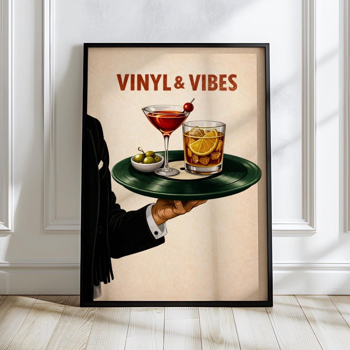 Vinyl Vibes Poster, Retro Cocktail Bar Art Print