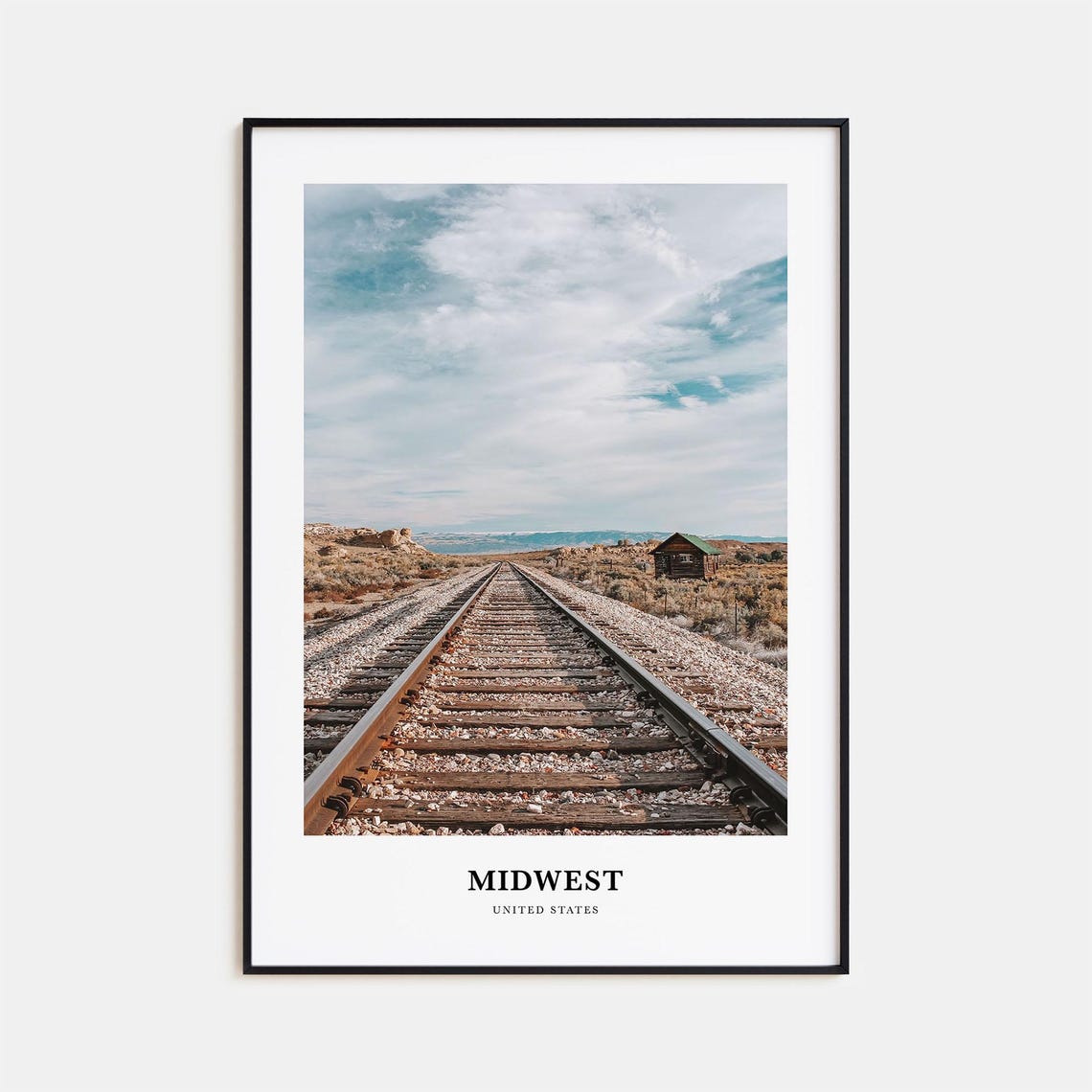 Midwest USA Railroad Tracks Prairie Horizon Cabin View Poster