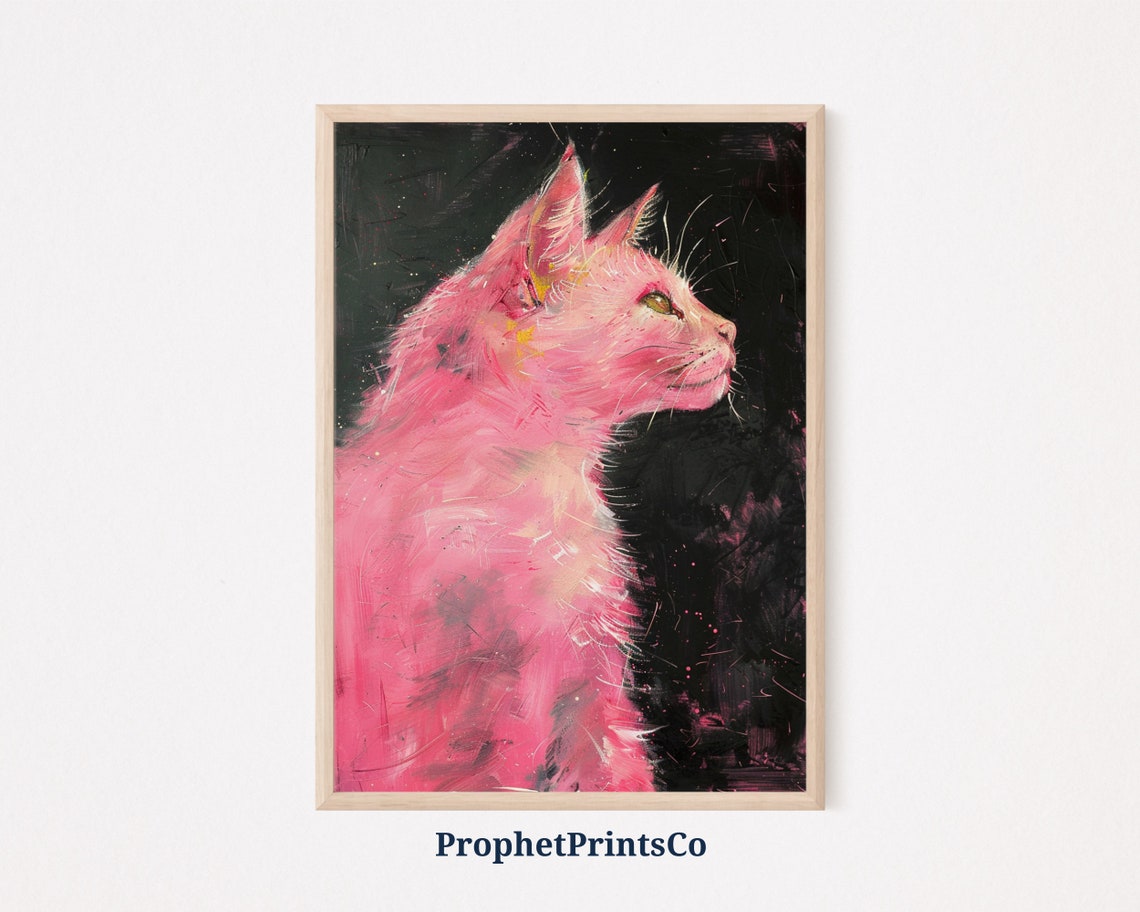 Pink Cat Profile Black Background Expressive Brush Stroke Art Poster