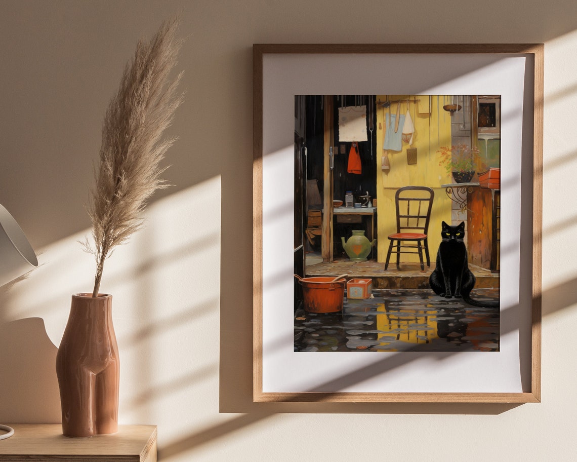 Black Cat Rainy Alley Yellow Door Whimsical Storybook Poster - Image 4
