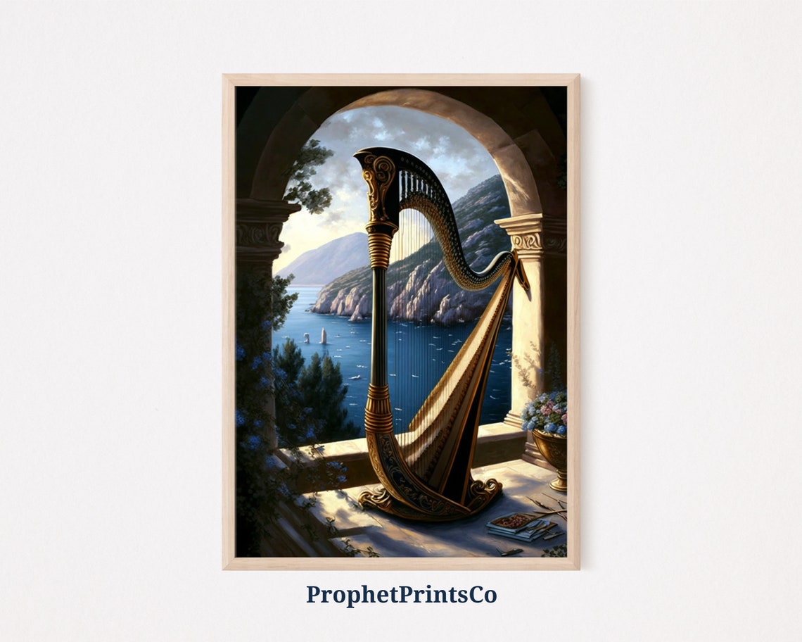 Golden Harp on Stone Terrace Overlooking Coastal Bay View Art Poster