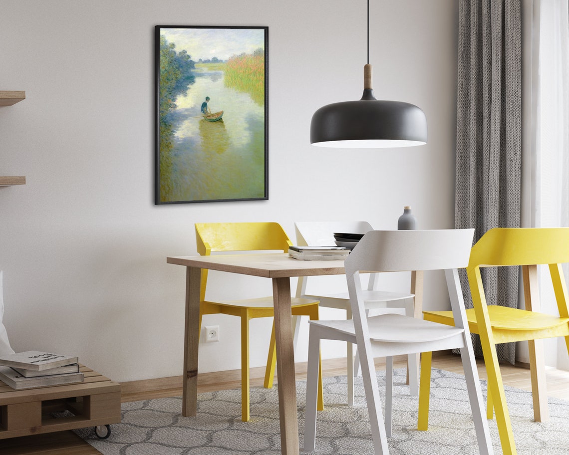 Boy Rowing a Small Boat on a Calm River Impressionist Poster - Image 2