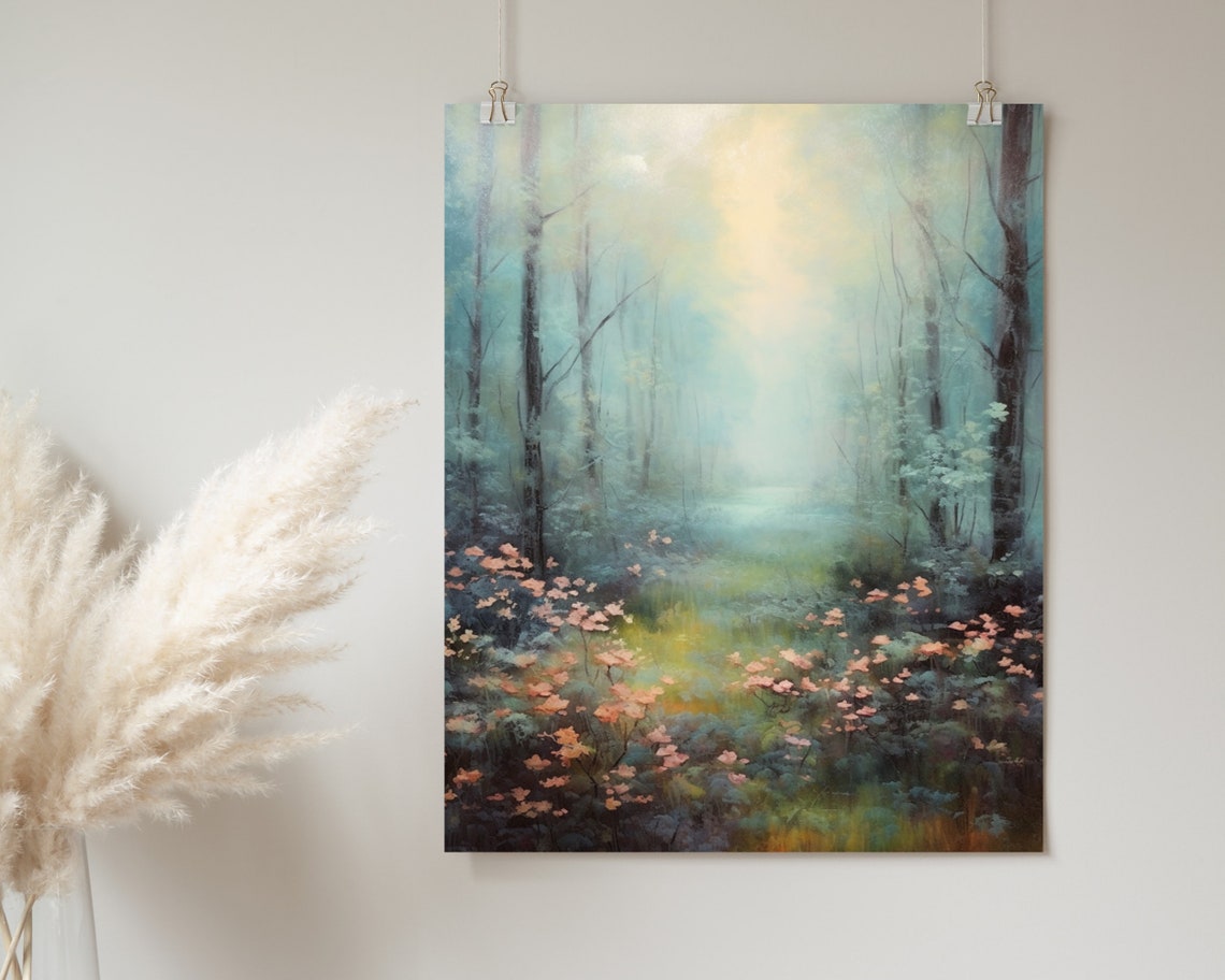Ethereal Misty Forest Pink Wildflowers Dreamy Oil Painting Poster - Image 2