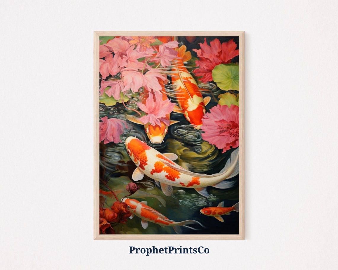Koi Fish Among Vibrant Pink Tropical Flowers Pond Painting Poster