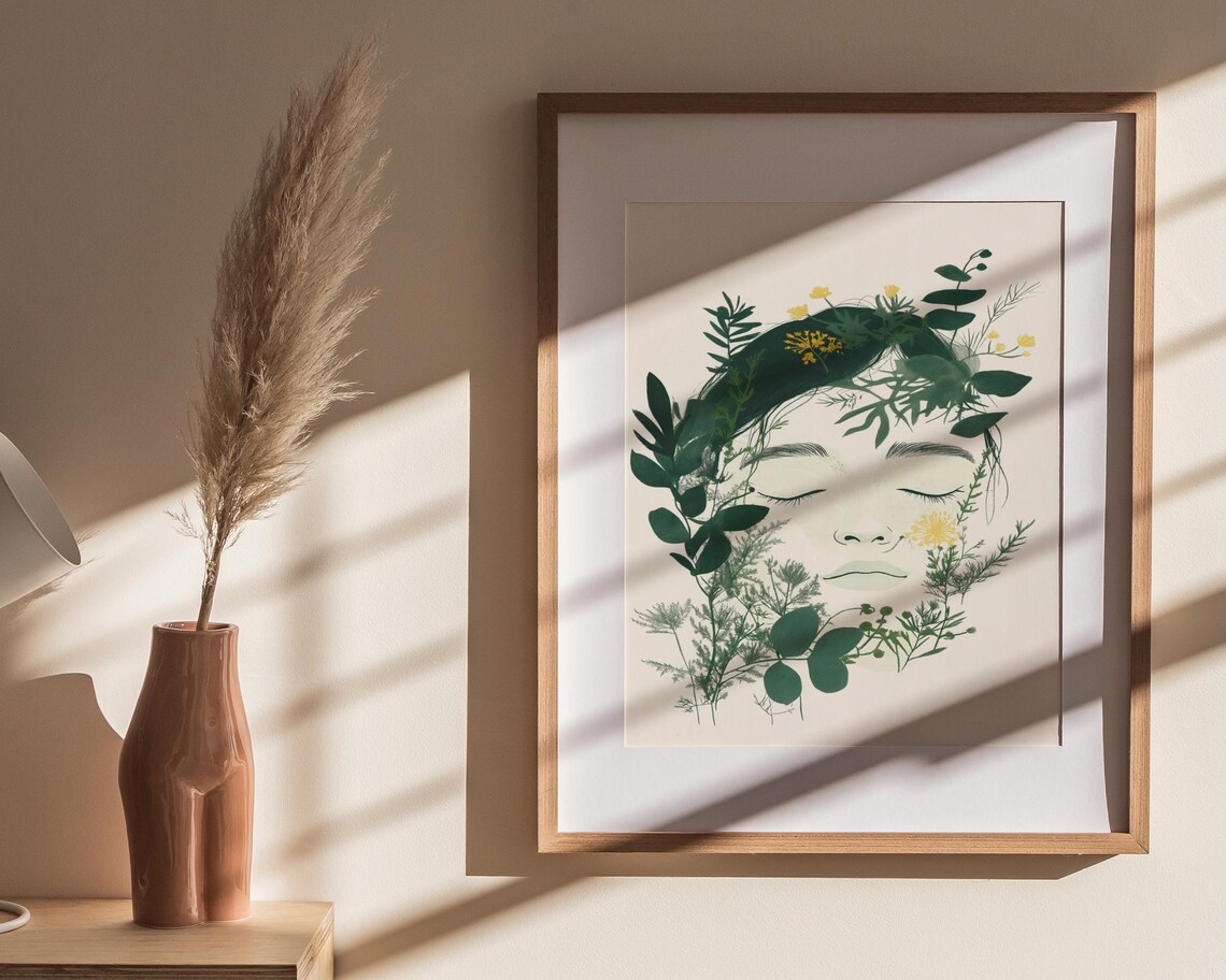 Botanical Woman Face With Leaves And Yellow Flowers Portrait Poster - Image 3