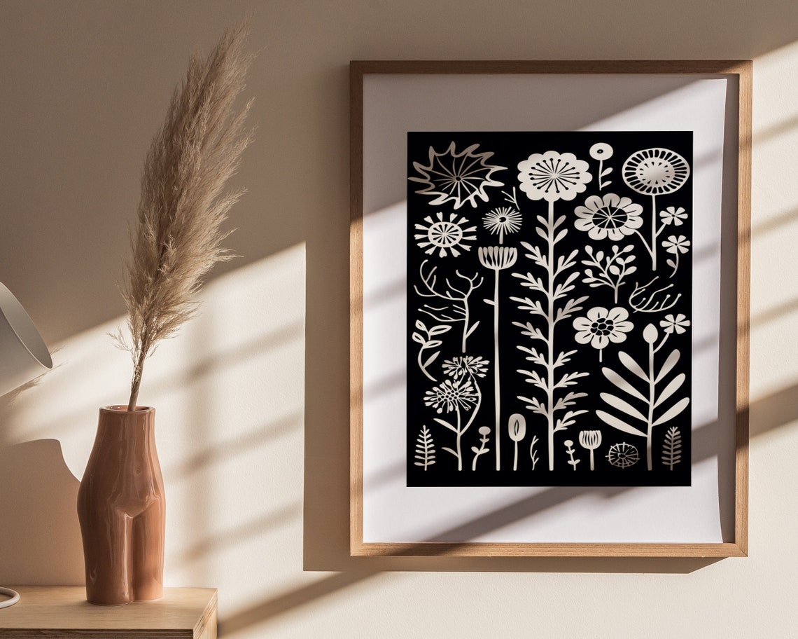 Charming Black And White Folk Flower Garden Pattern Art Poster - Image 4