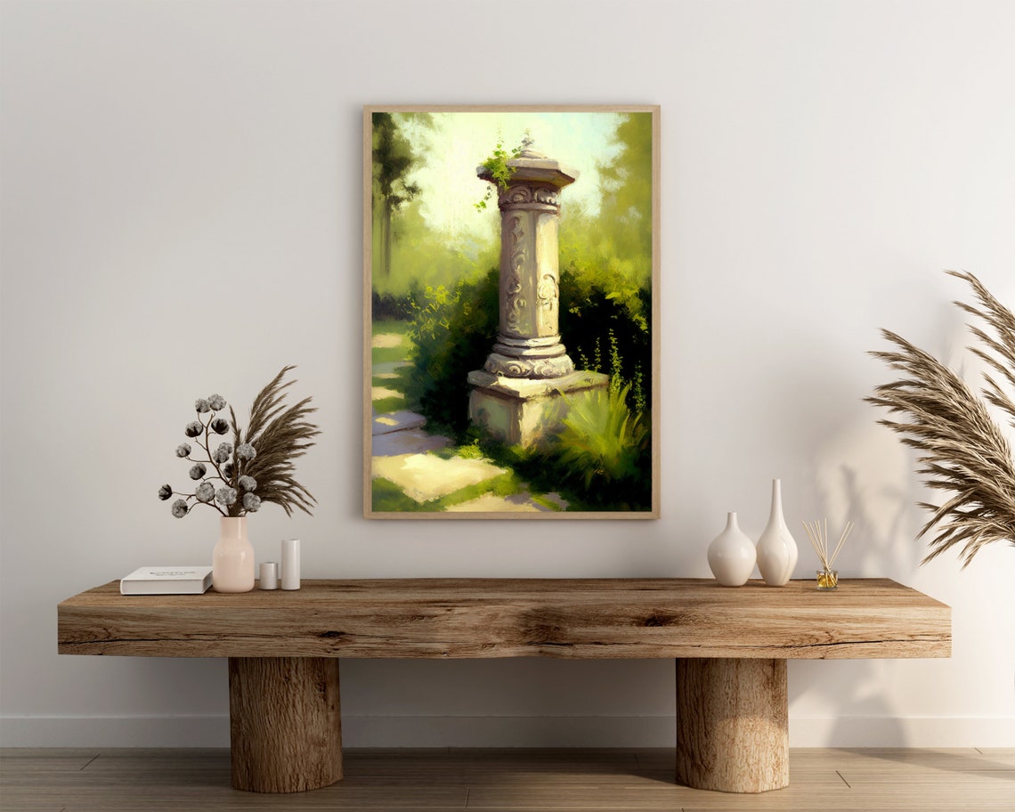 Ancient Stone Column Oil Painting Sunlit Garden Roman Style Poster - Image 3