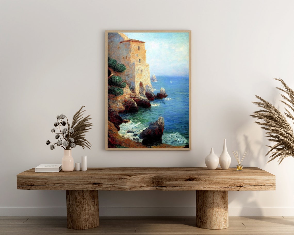 Stone Tower on a Rocky Coast Above the Blue Sea Painting Poster - Image 3