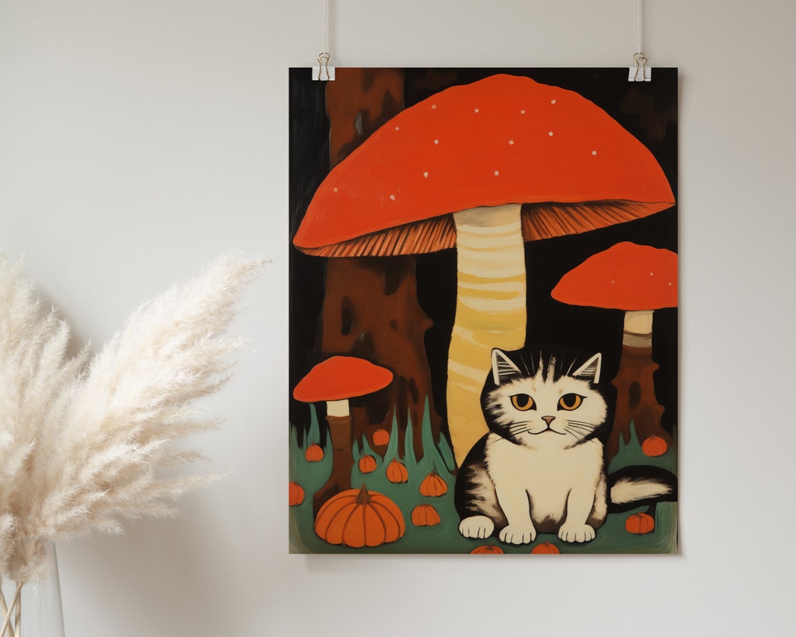 Vintage Black Cat With Red Mushrooms Pumpkin Autumn Art Poster - Image 2