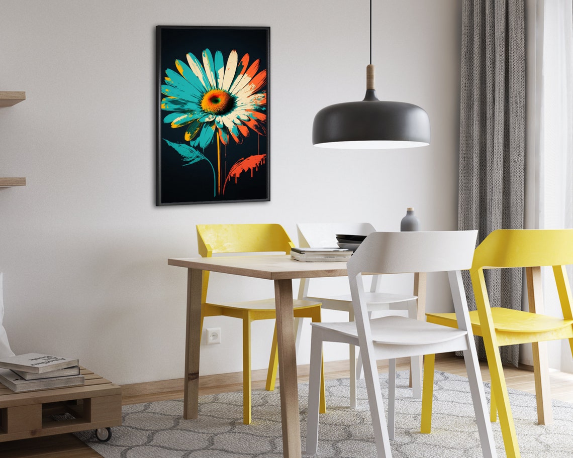Splatter Paint Daisy Poster Bold Teal and Orange Flower Design - Image 2