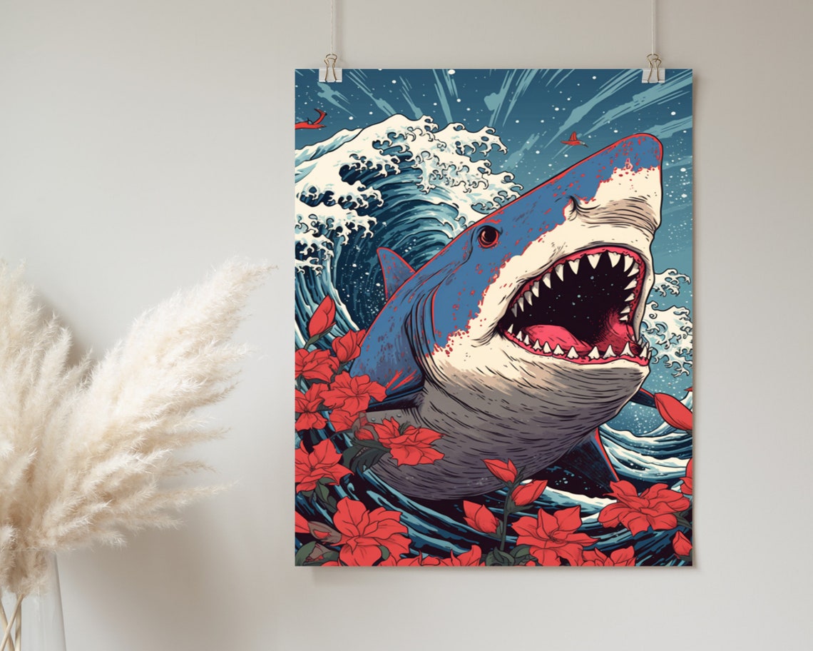 Great White Shark With Wave And Flowers Japanese Pop Art Poster - Image 2