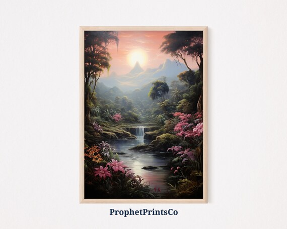 Sunset River Waterfall Pink Flowers Mountain Painting Poster
