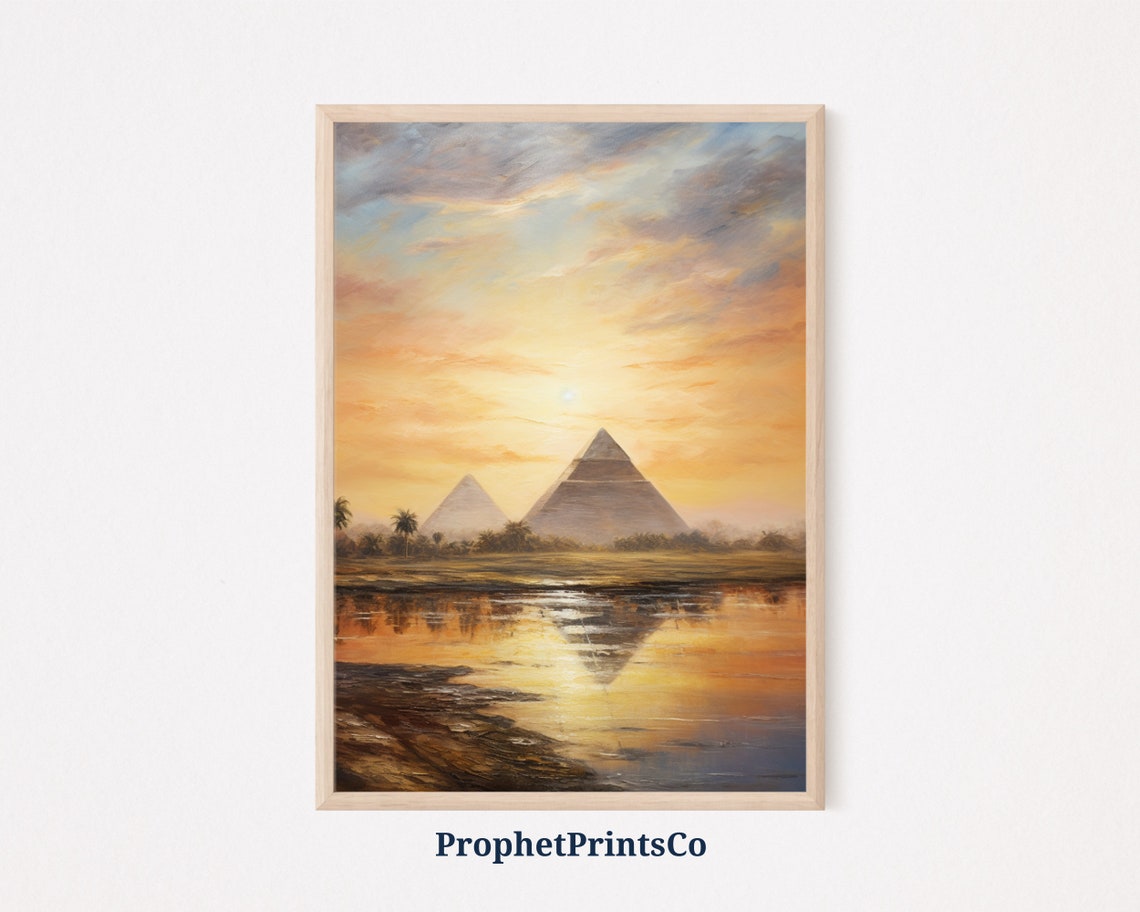 Giza Pyramids Golden Sunset Oil Painting Egypt Travel Wall Poster