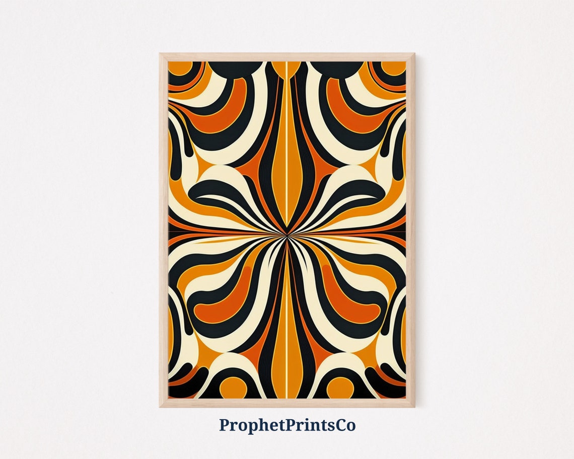 Retro 70s Geometric Op Art Swirl Pattern Orange Black Cream Poster