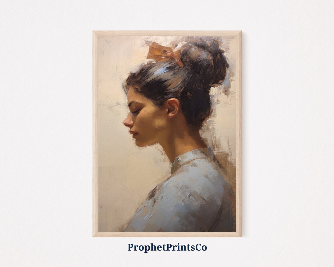 Woman in Profile Dark Bun Ribbon Impressionist Oil Painting Poster