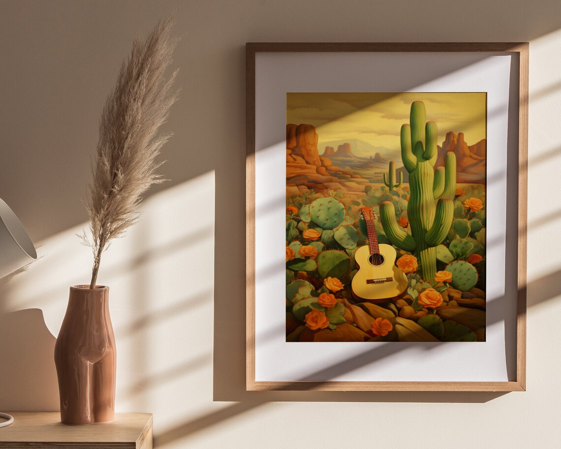 Guitar by Giant Saguaro at Desert Sunset Mexican Cactus Landscape Painting Poster - Image 4