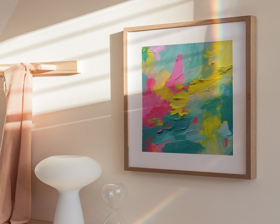 Vibrant Abstract Impasto Teal Pink Yellow Textured Oil Painting Poster - Image 2
