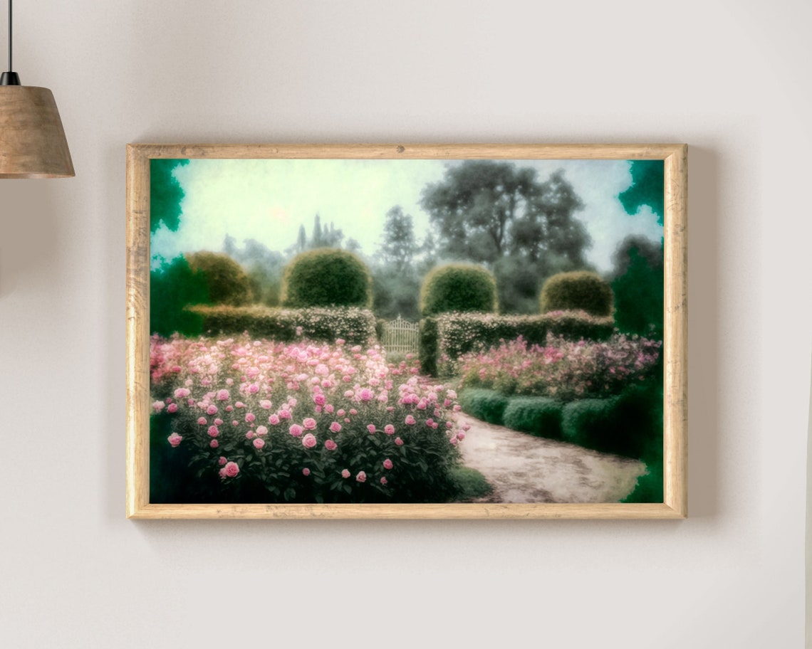 Pink Rose Garden With Topiary Hedges Bright Floral Art Poster - Image 2