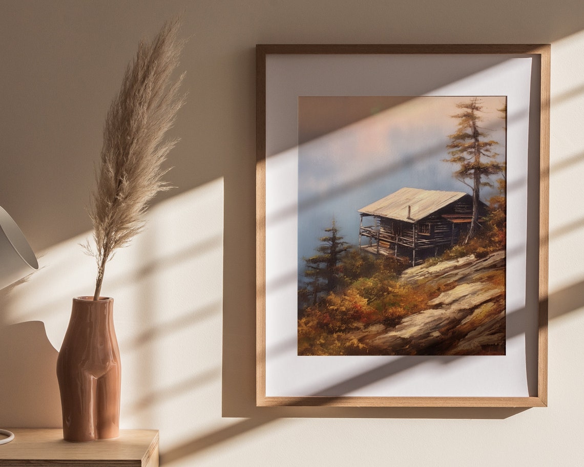 Dark Log Cabin Rocky Clifftop Pines Moonlit Night Oil Painting Poster - Image 4