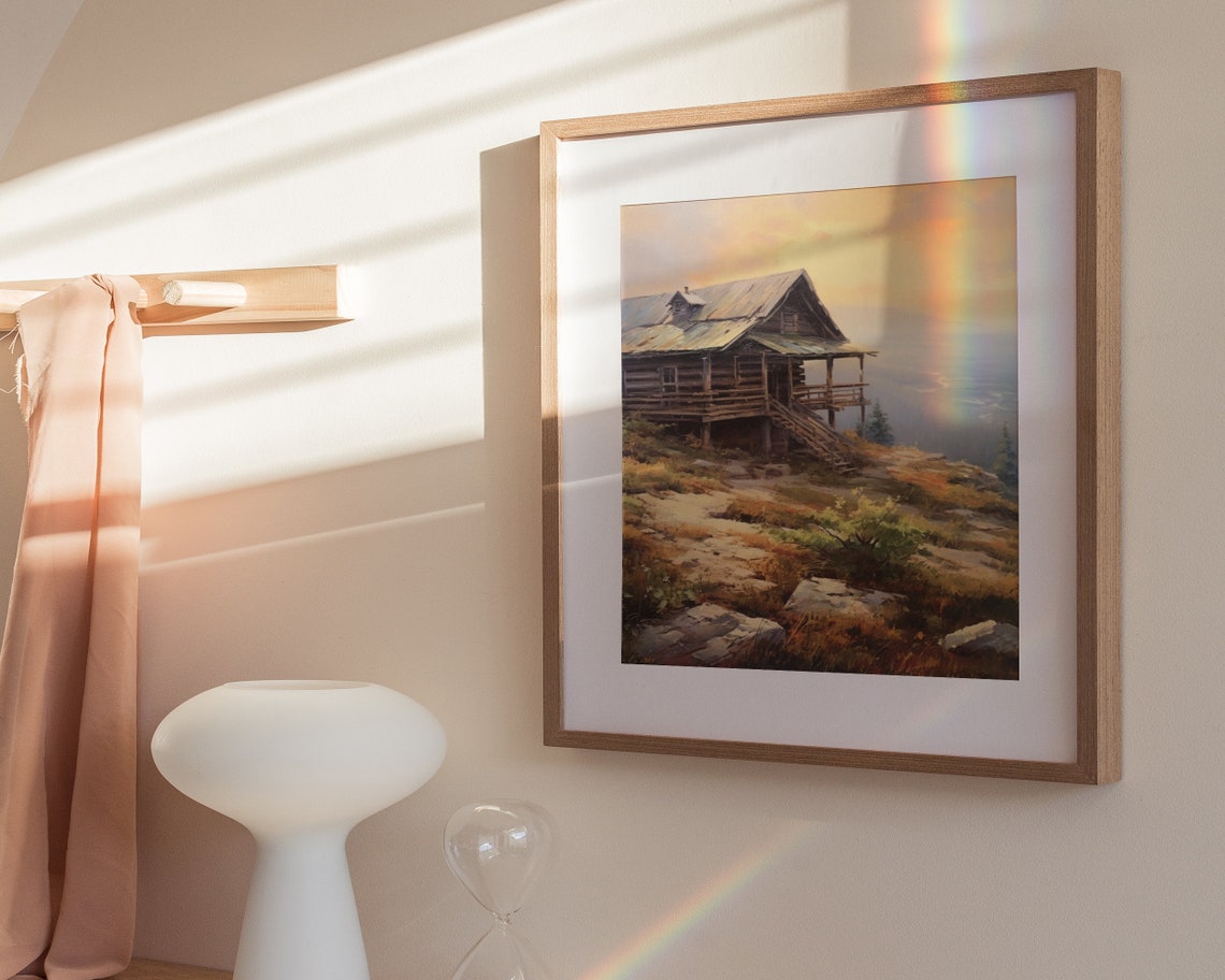 Log Cabin Clifftop Golden Hour Overlook Rustic Oil Painting Poster - Image 3