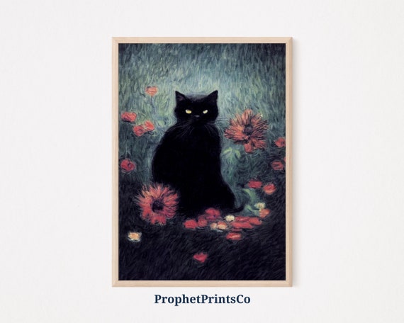 Digitial Black Cat Poster Print Black Cat Wall Art Gift For Cat Lovers Inspired By Monet Wall Art