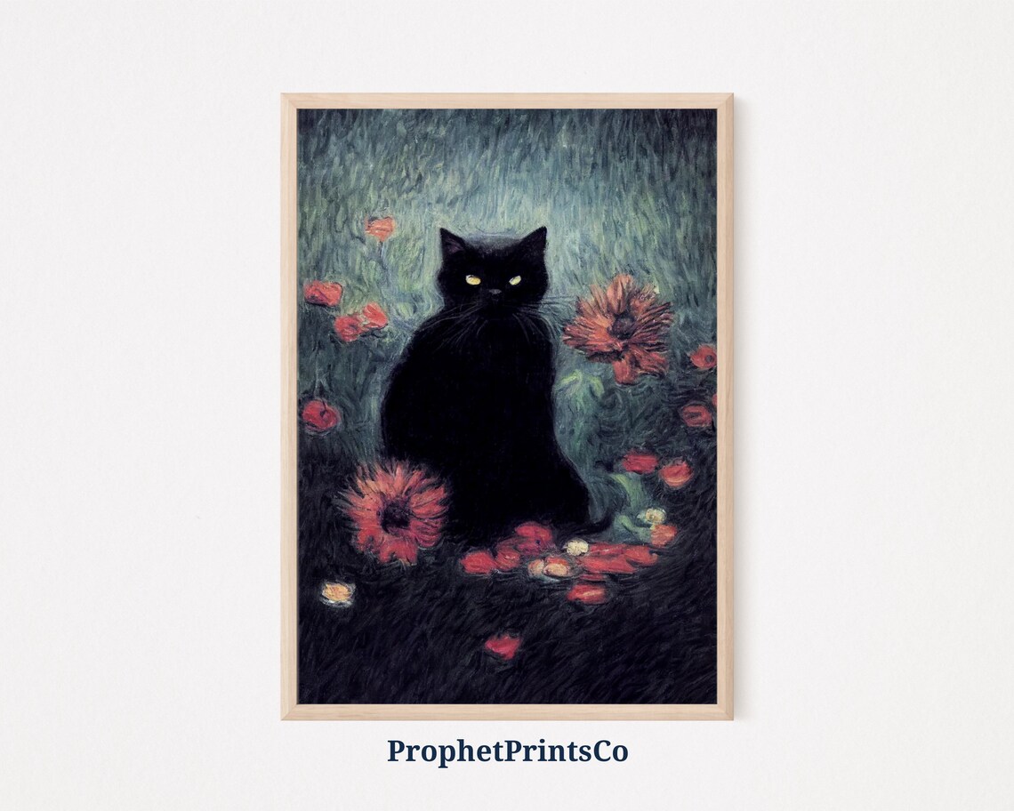 Digitial Black Cat Poster Print Black Cat Wall Art Gift For Cat Lovers Inspired By Monet Wall Art