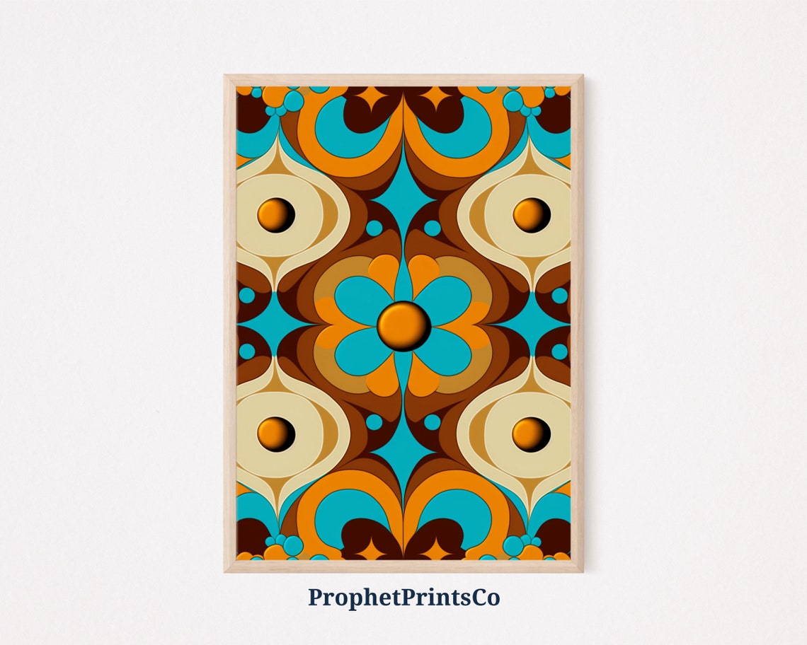 Retro 70s Kaleidoscope Floral Pattern Teal Orange Brown Poster