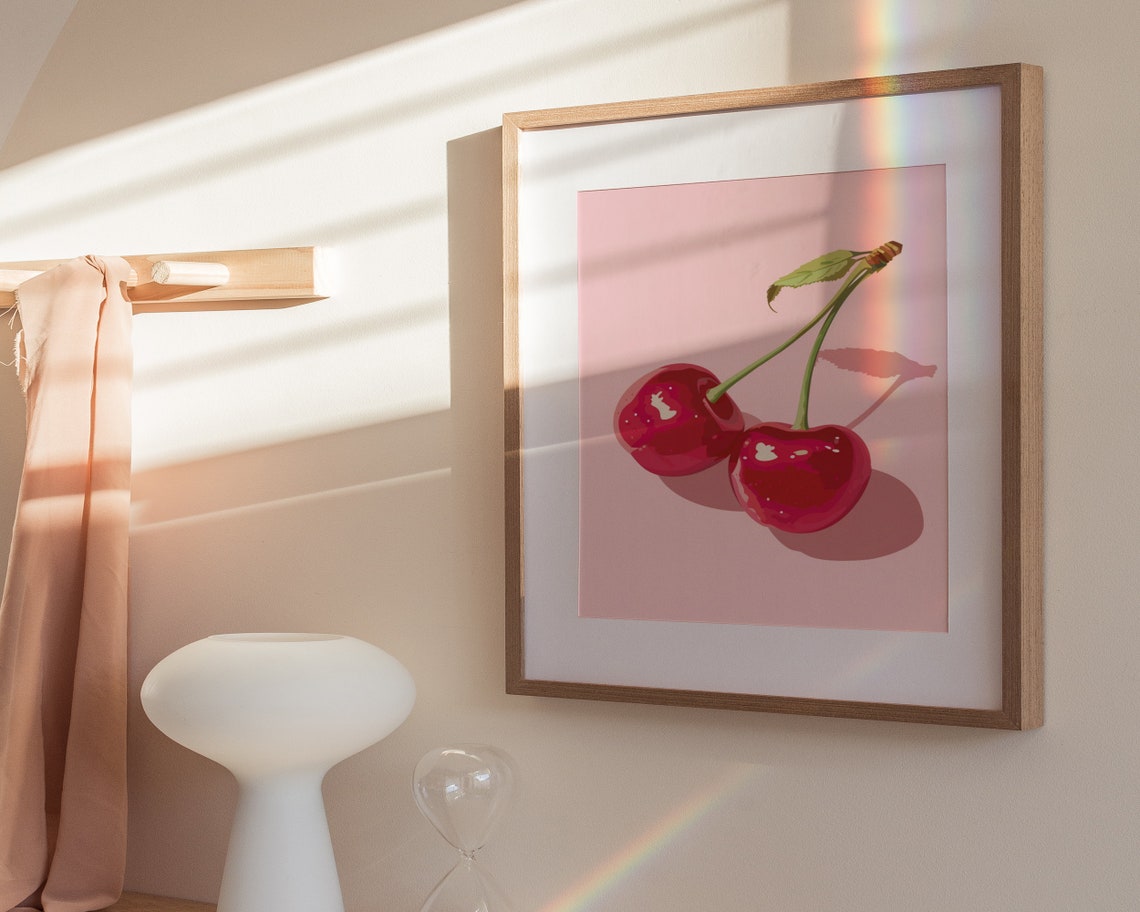 Glossy Cherry Pair Long Shadow Pink Pop Art Retro Fruit Kitchen Poster - Image 3