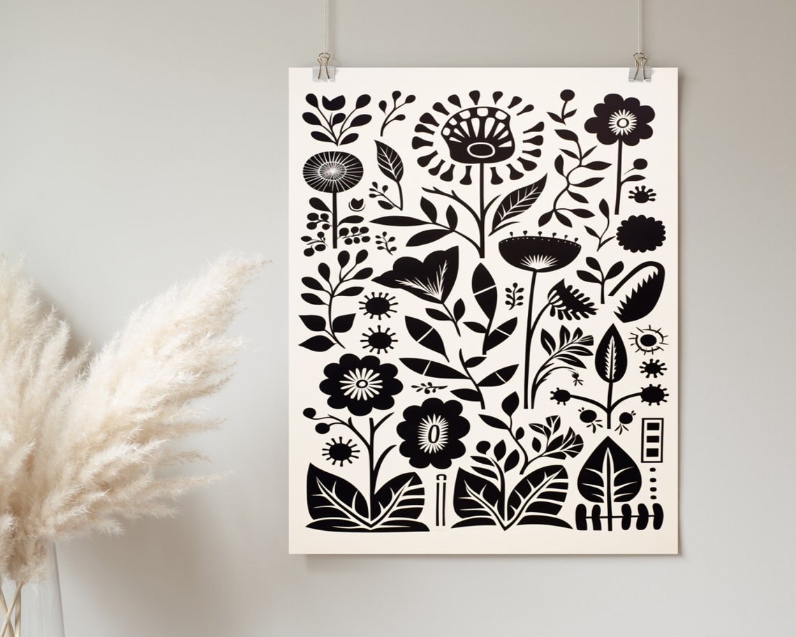 Black And White Floral Pattern Print Boho Wall Art Mid Century Print Cute Eclectic Home Dcor Wall Art - Image 2