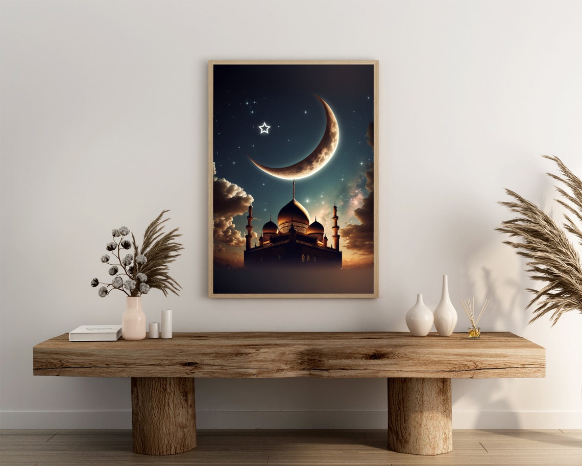 Mosque Silhouette Under a Golden Crescent Moon Starry Night Poster - Image 3