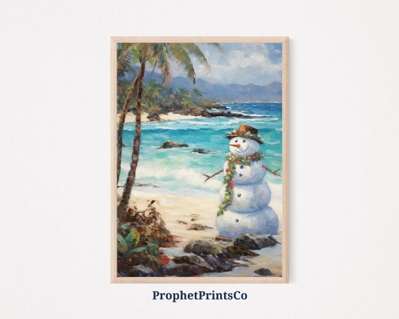 Snowman In Hawaii Print Tropical Hawaiian Art Cute Christmas Wall Art Xmas Snowman Art Print Wall Art
