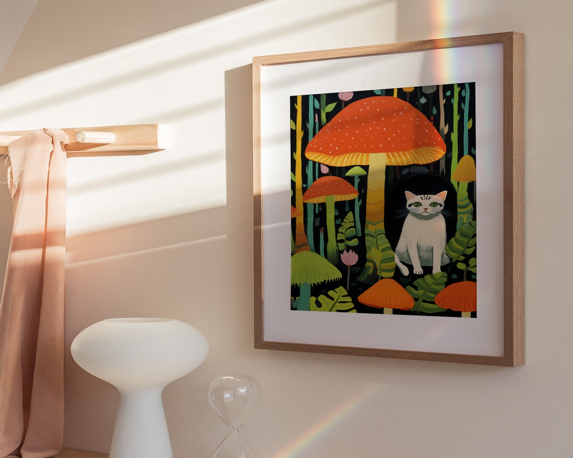 White Cat In Colorful Giant Mushroom Forest Whimsical Art Poster - Image 3