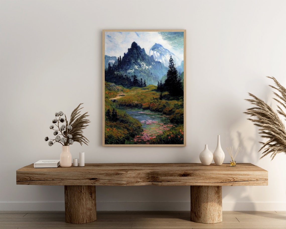 Snowy Alpine Peaks Above a Flower Lined Stream Impressionist Poster - Image 3