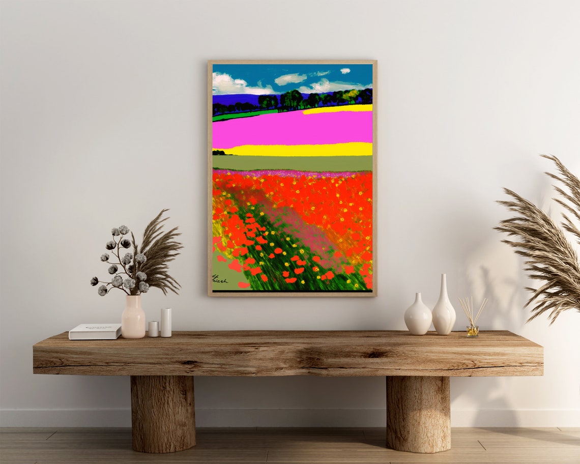 Sweeping Red Poppy Field With Colorful Bands Folk Art Poster - Image 3