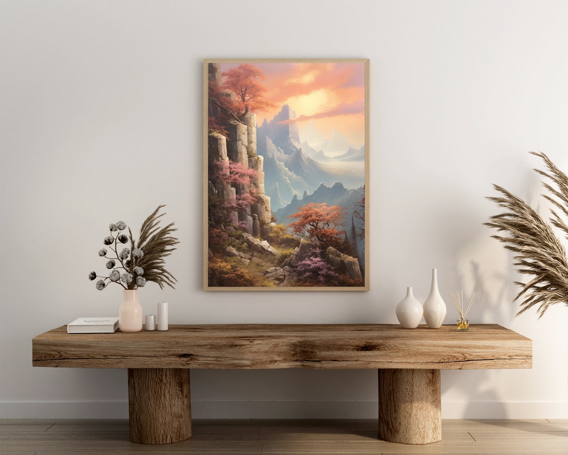 Autumn Mountain Cliffs Oil Painting Orange Sunset Rocky Peaks Poster - Image 3