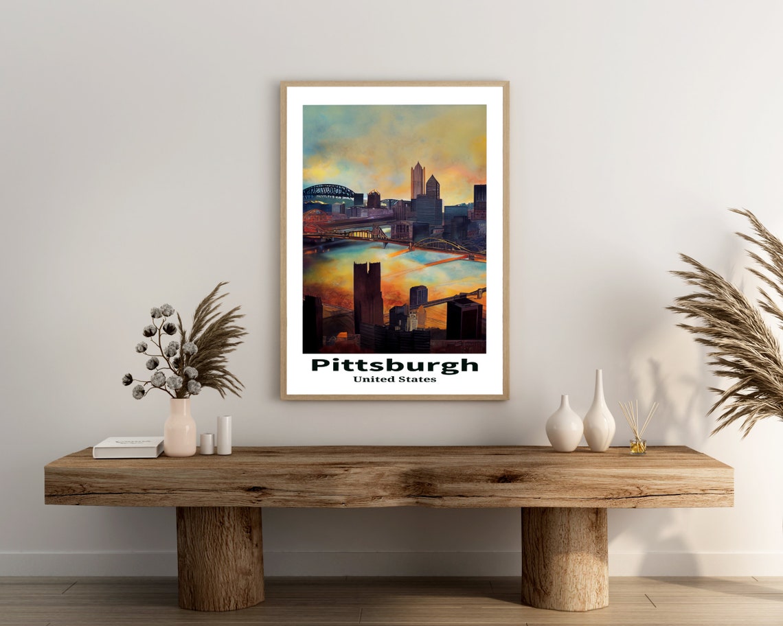 Pittsburgh Sunset Skyline Bridges Over River Vintage Travel Poster - Image 3