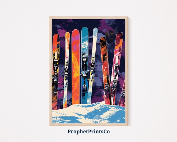 Vintage Skis Stuck In Snow Purple Night Sky Pop Art Winter Poster