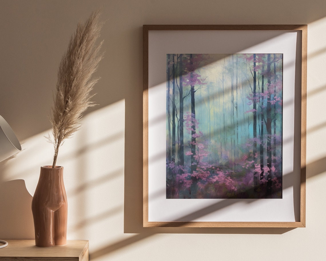Lavender Misty Forest Pink Blossom Trees Dreamy Landscape Poster - Image 4