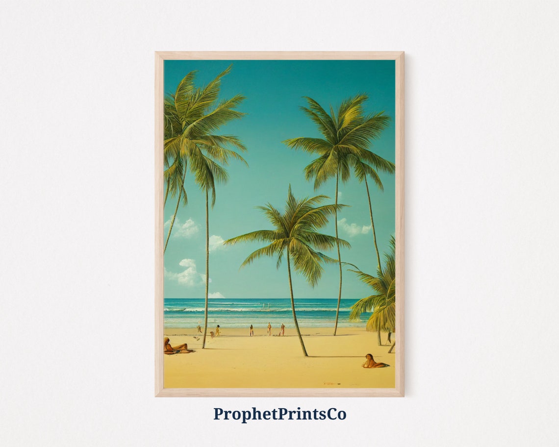 Tropical Beach Palm Trees Turquoise Ocean Vintage Travel Art Poster