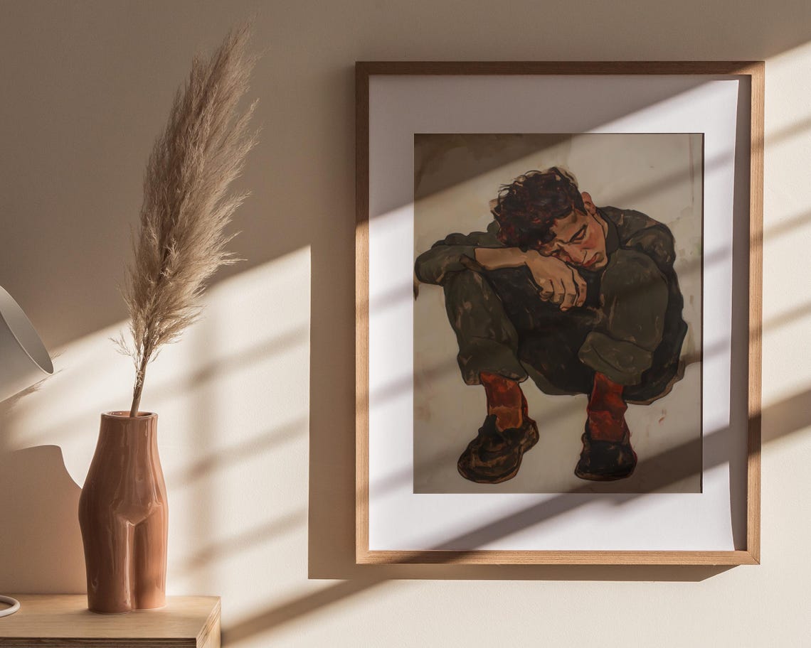 Contemplative Seated Figure Dark Clothes Bowed Head Red Socks Poster - Image 4