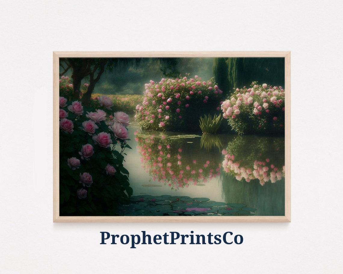 Dark Romantic Rose Garden Over Lily Pond Vintage Floral Poster