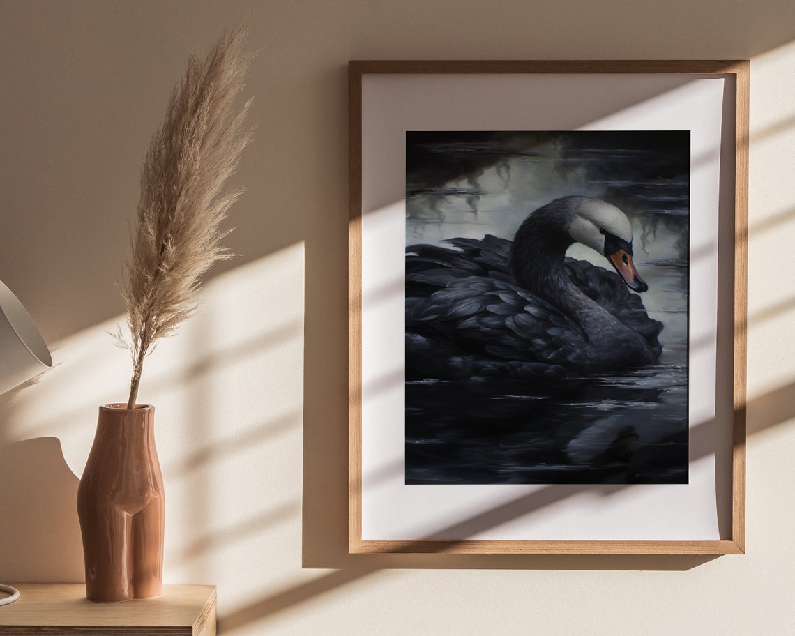 Elegant Black Swan Preening on Misty Dark Water Painting Poster - Image 4