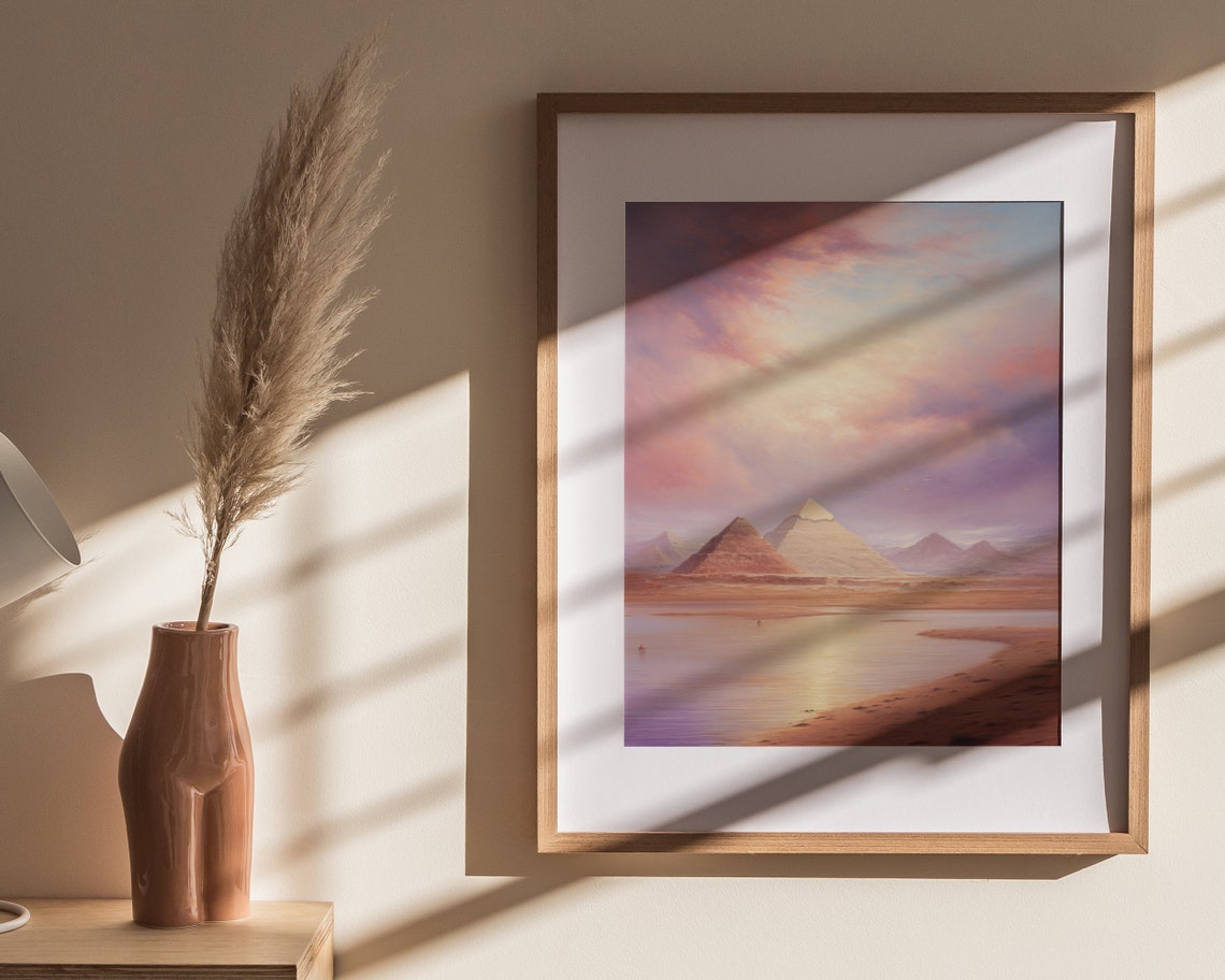 Giza Pyramids Pink Dawn Sky Pastel Oil Painting Egypt Poster - Image 4