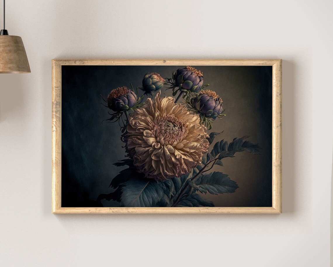 Moody Vintage Tan Bloom With Buds on Dark Background Botanical Art Poster - Image 2
