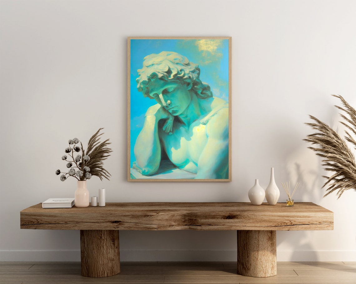Greek Statue Head Against a Turquoise Sky Oil Painting Poster - Image 3