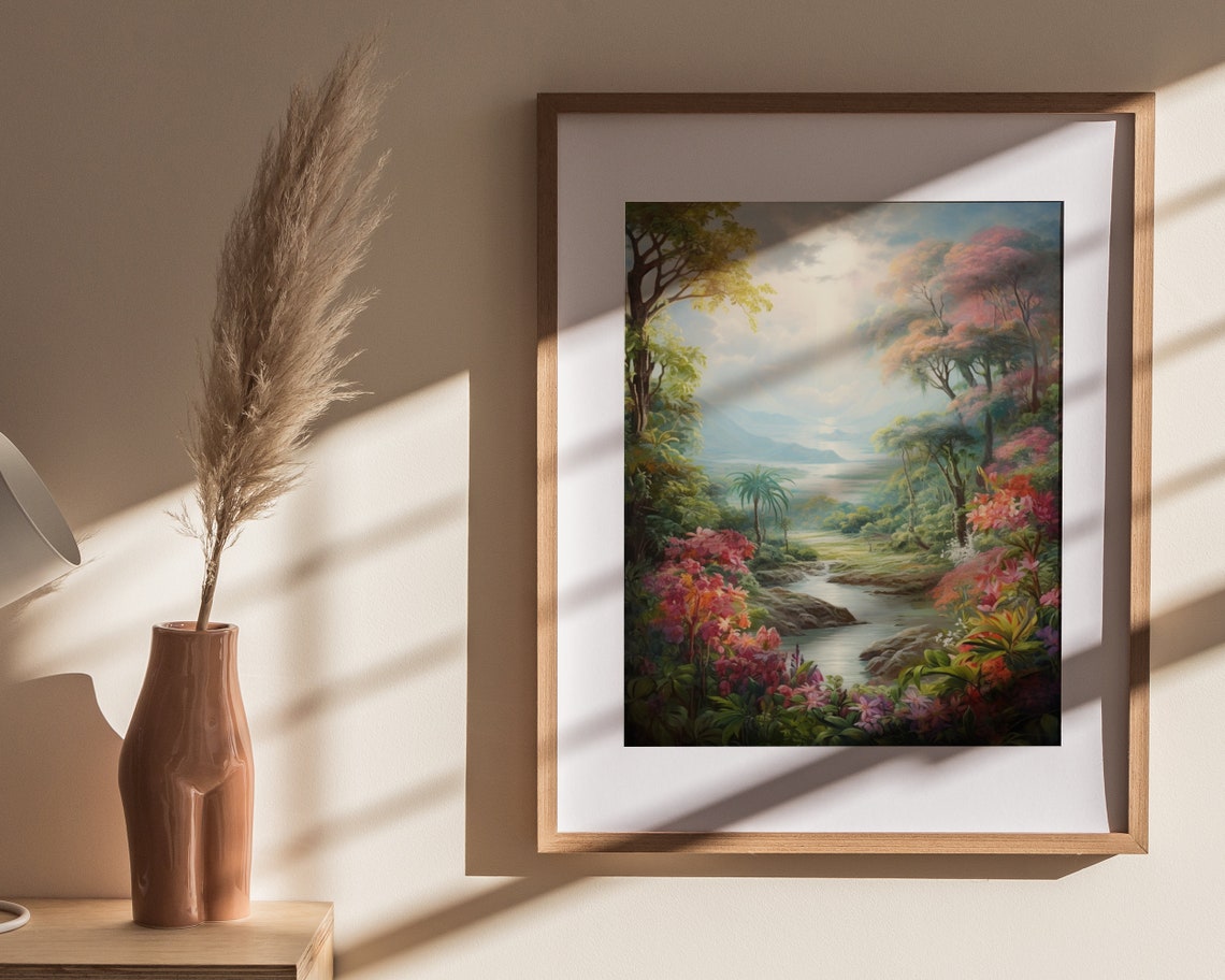 Tropical Garden Valley River Flowers Landscape Painting Poster - Image 4