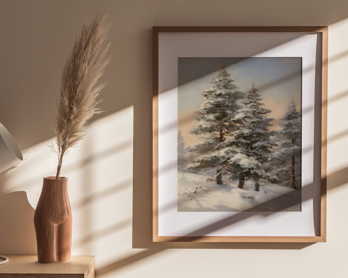 Snow Covered Pine Trees Warm Sunset Glow Winter Painting Poster - Image 4