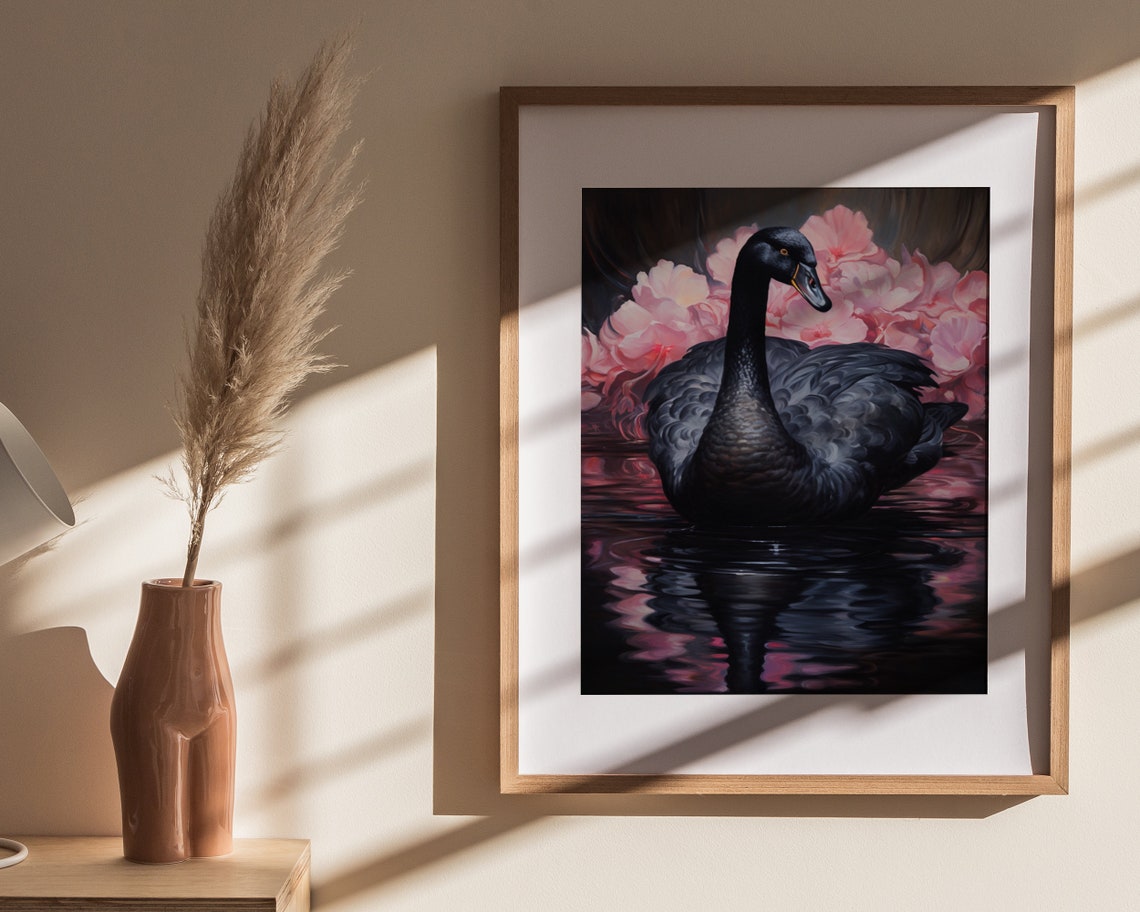 Majestic Black Swan with Pink Flowers Dark Water Oil Painting Poster - Image 4