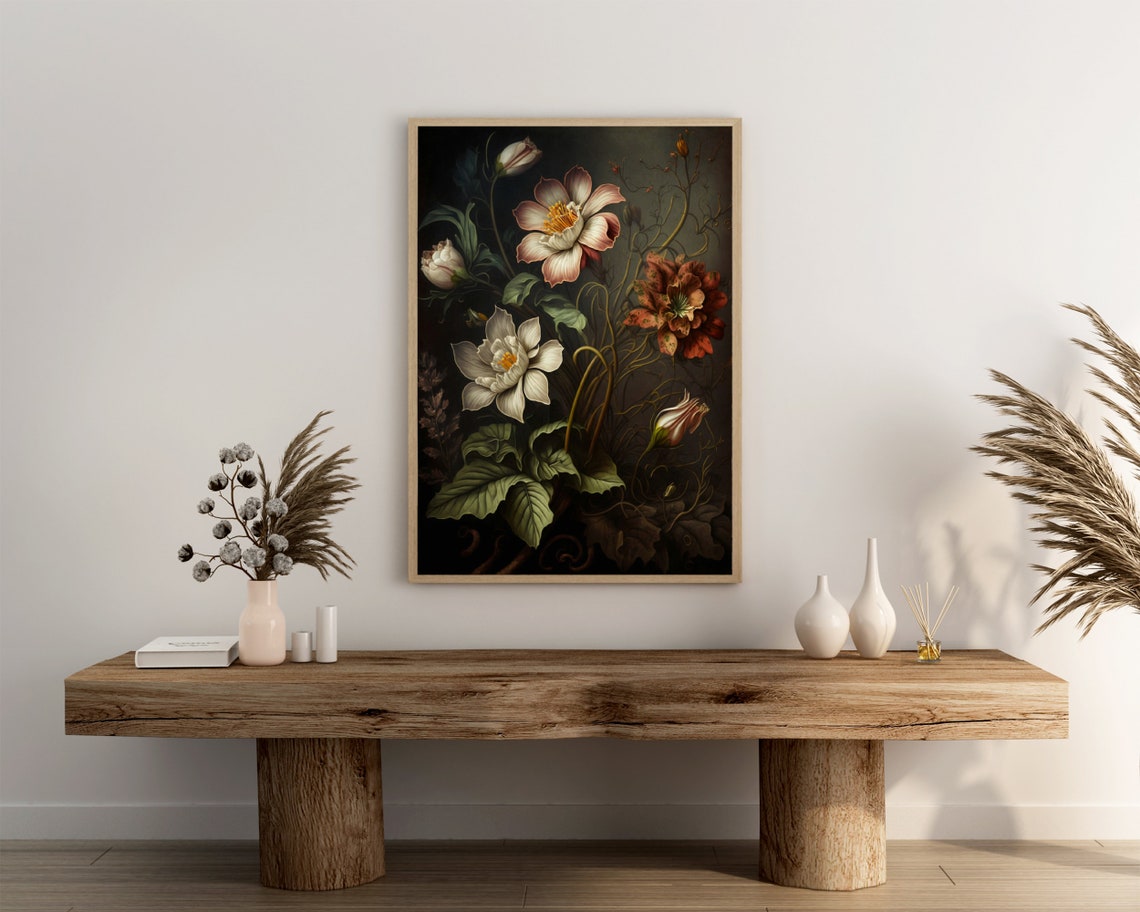 Pale Blush Cosmos Blooms Dark Background Moody Floral Poster - Image 3