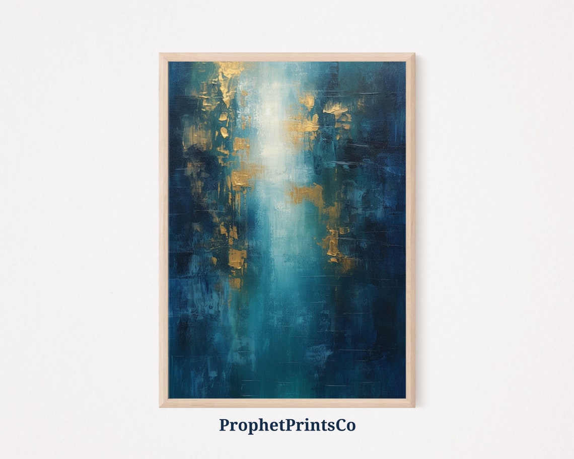 Deep Midnight Blue Gold Abstract Light Column Modern Art Poster